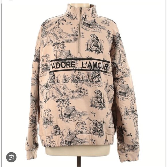 NWT EllandEmm J'adore Half Zip Windbreaker Sweatshirt Cream Black Size XL/XXL - Picture 2 of 7